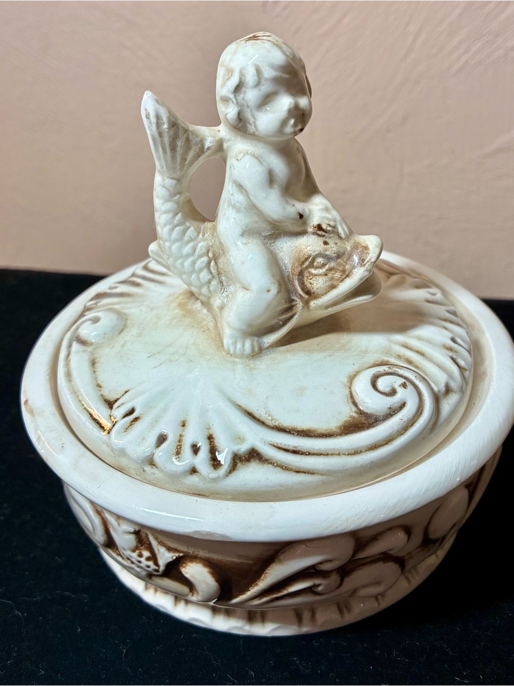 Antique Cream Ceramic Cherub on Fish Decorative Jewelry Box